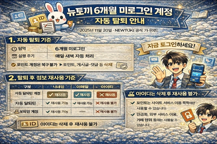 뉴토끼 6개월 미로그인 계정 자동 탈퇴 안내