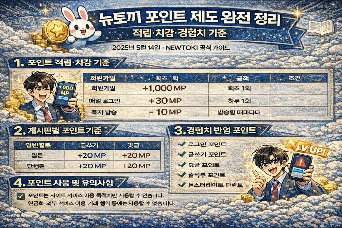 뉴토끼 포인트 제도 적립·차감·경험치 기준